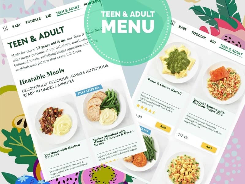 teen and adult menu